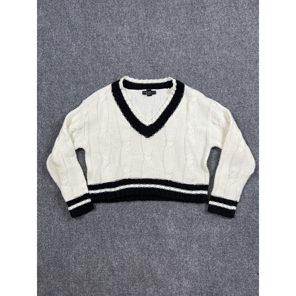 Preppy Coastal Cropped Cable Knit Sweater Medium Academia Varsity Cream White